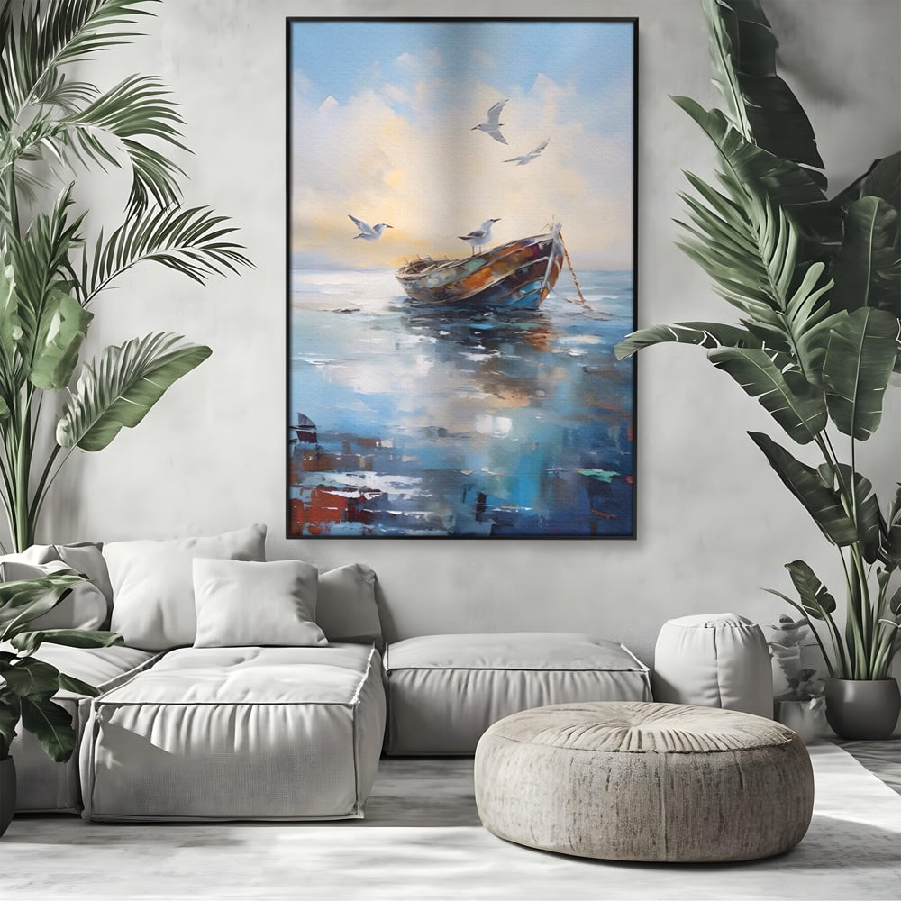 Tablou canvas cu tablou canvas cu barca si pescarusi, in rama de aluminiu negru, pe perete intr-un living
